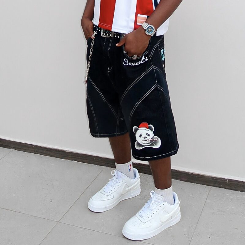 Festive Panda Denim Patched Shorts